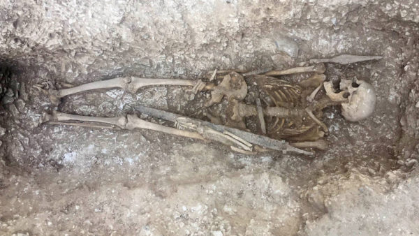 A Saxon skeleton found during an excavation at Barrow Clump on Salisbury Plain Training Area (Crown Copyright / MOD 2018)