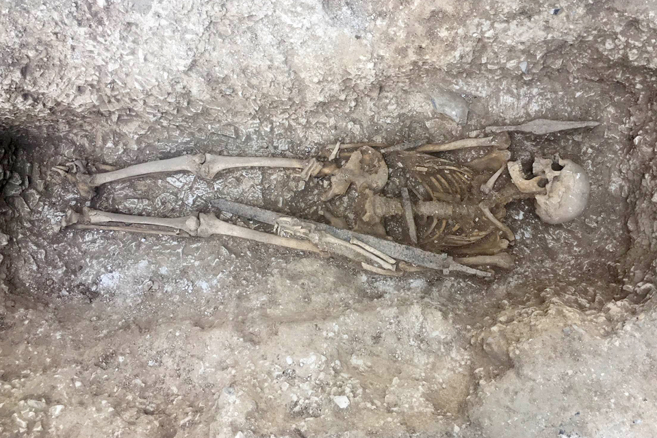 A Saxon skeleton found during an excavation at Barrow Clump on Salisbury Plain Training Area (Crown Copyright / MOD 2018)