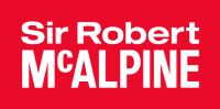 A logo that says Sir Robert McAlpine in white letters against a red background.