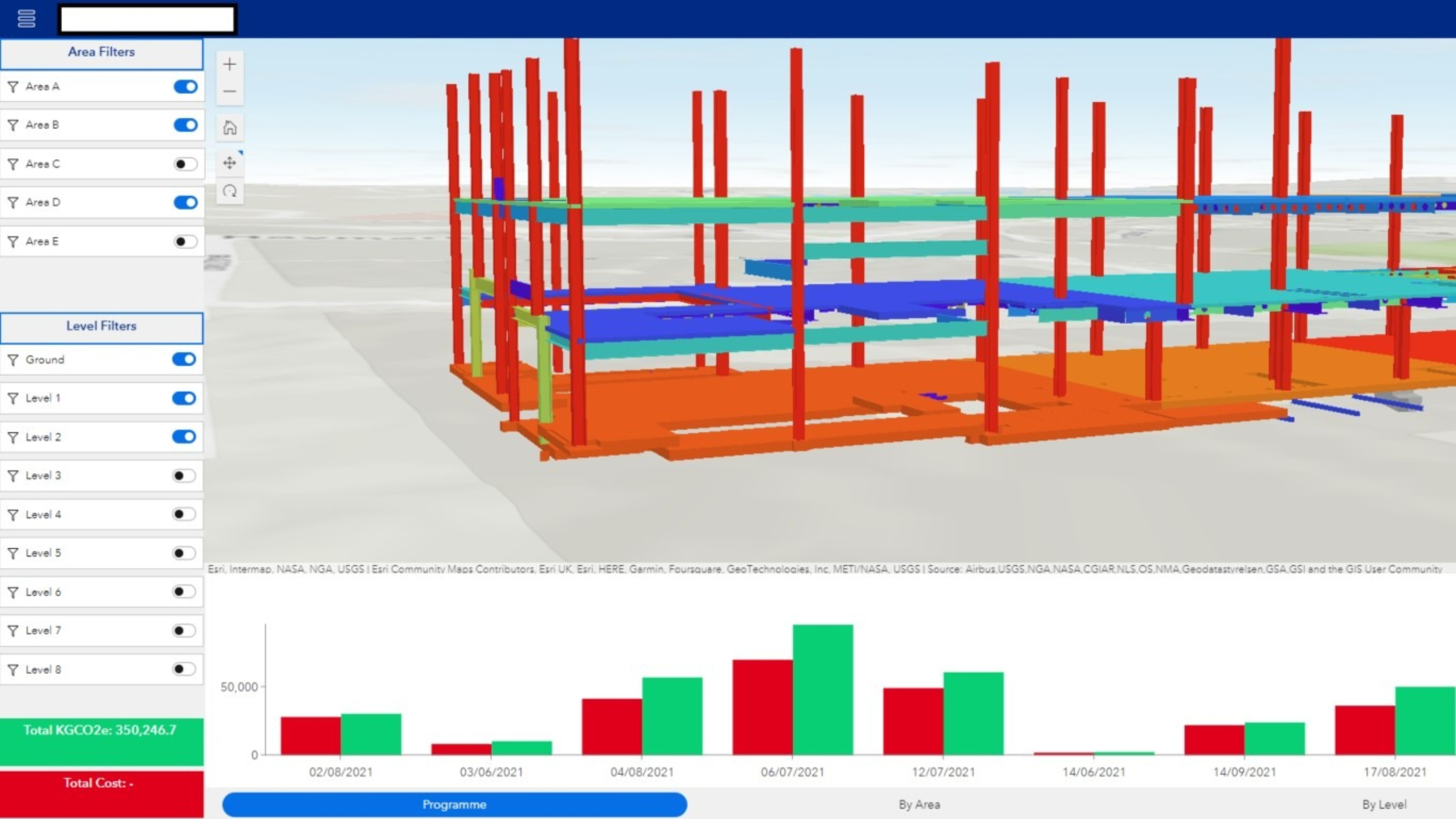 A computer generated visualisation of a building with a dashboard on the left.