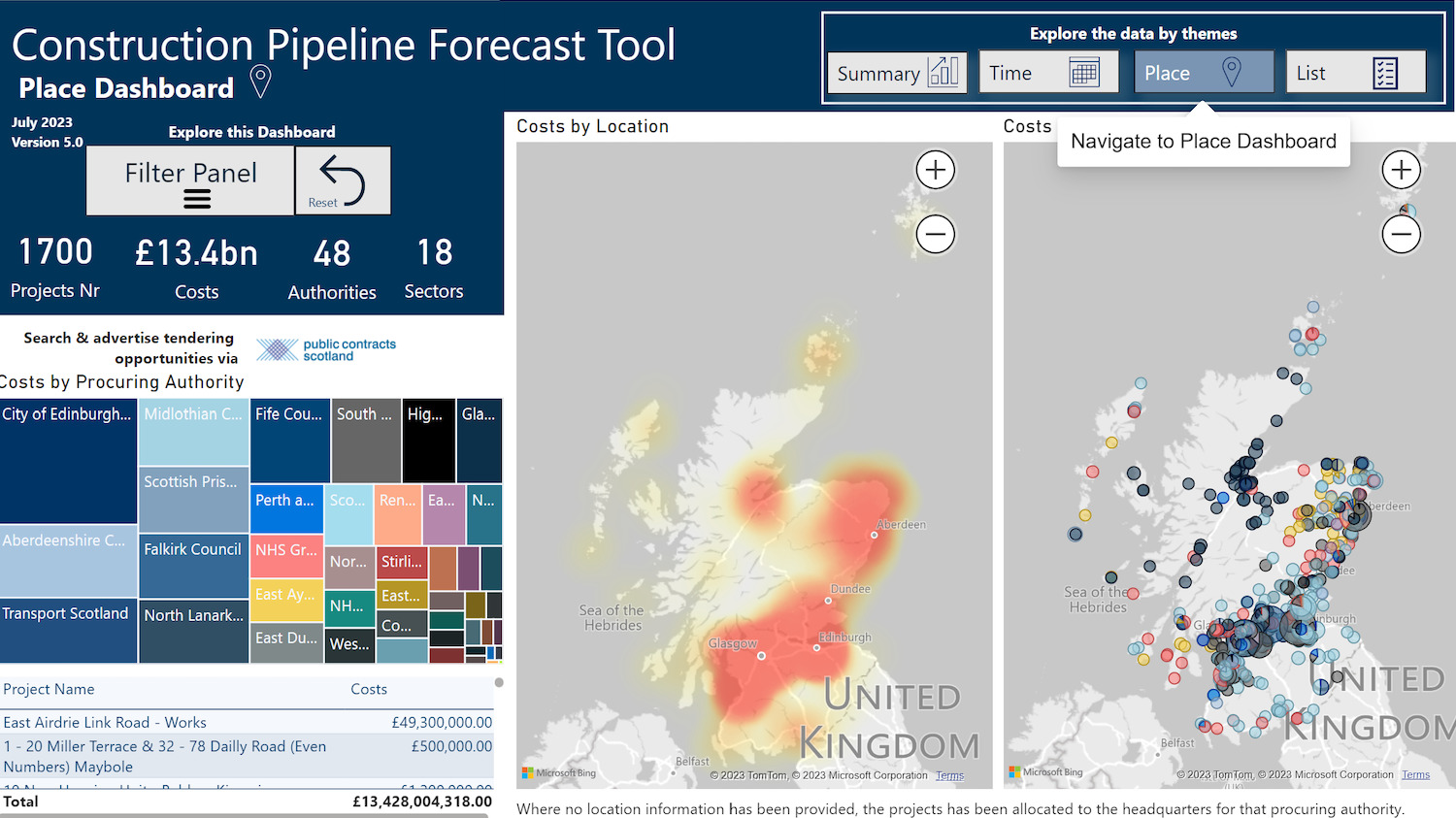 Construction Pipeline Forecast Tool - screen grab in July 2023