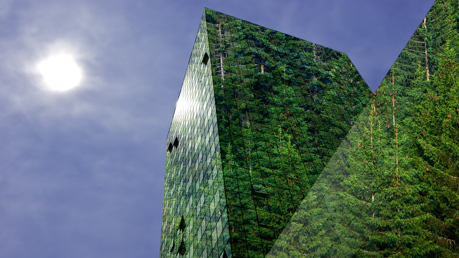 Abstract image of a 'green' building to illustrate net zero carbon building standard story - carbon database