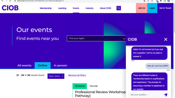 CIOB chatbot - screen grab of the chatbot in action