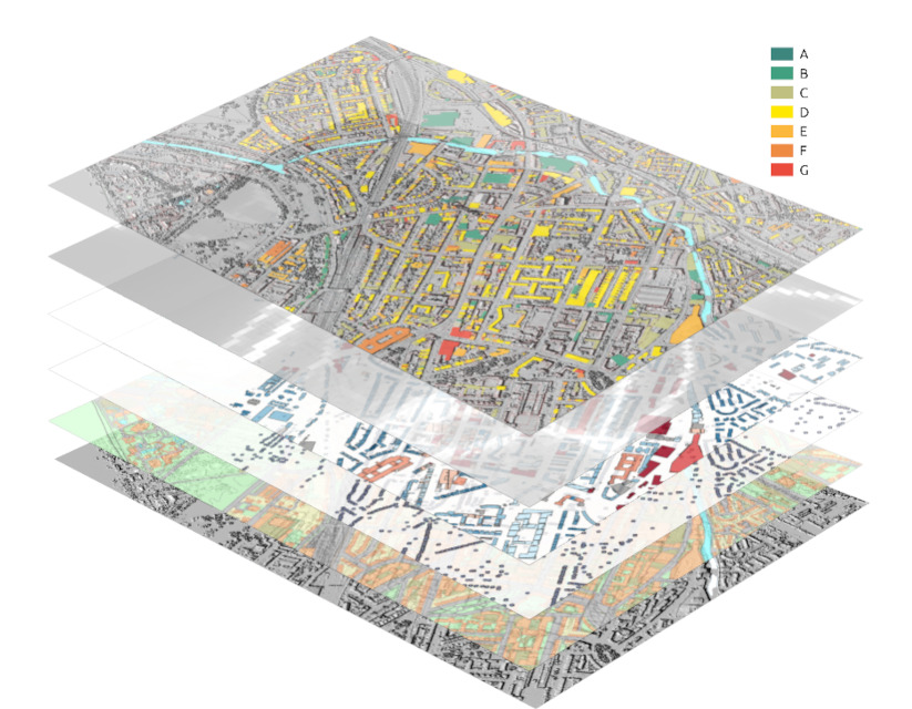 A graphic representing the layers of data that help to create the National Buildings Database
