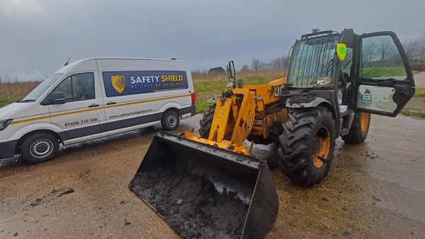 A photo of an excavator fitted with the AI proximity alert system from Safety Shield Global