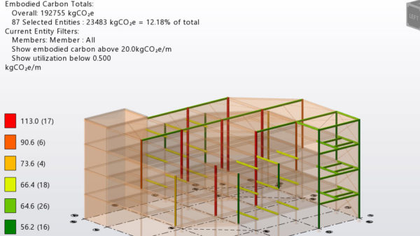 A screengrab showing the embodied carbon calculator in Tekla Structural Designer, which includes features for viewing reporting and sharing carbon data - for circularity story