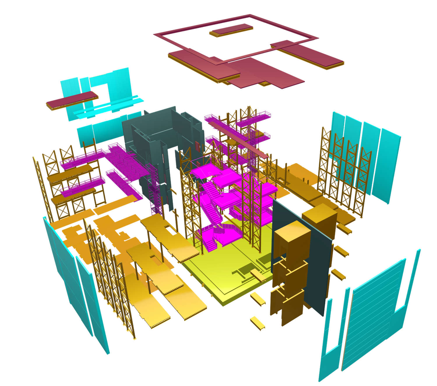 Exploded view of a kit of parts illustrating how the different subassembly elements can be packaged for procurement using traditional supply chain approaches.